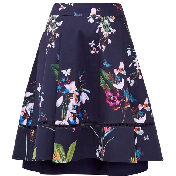 TED BAKER Plio Tropical Oasis Dipped Hem Skirt Navy - Picture 1 of 11
